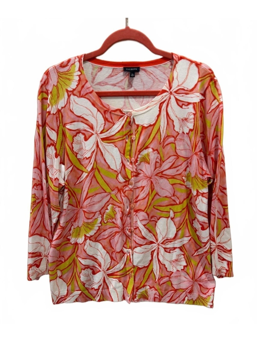 Talbots XL Floral Button-Front Cardigan Sweater, 60% Cotton 40% Rayon, Coral and